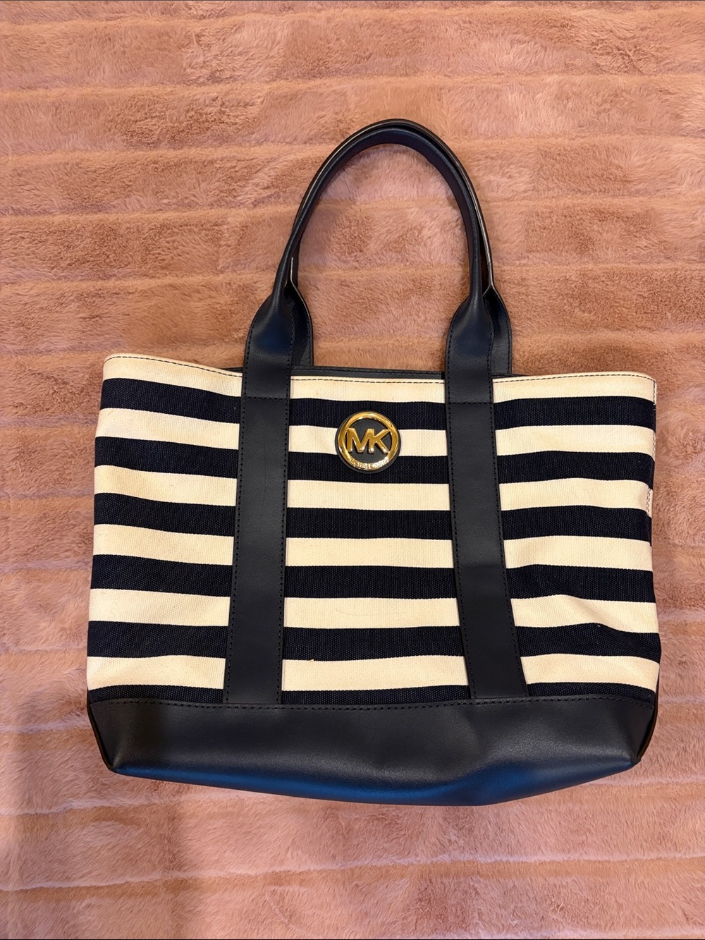 Michael Kors Navy & Cream Striped Tote with Gold MK Accent